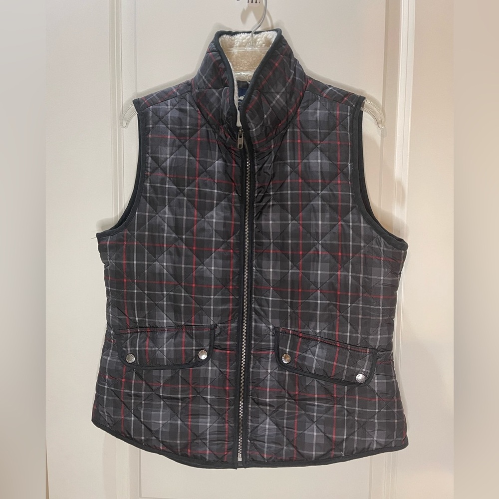 British Khaki Quilted Vest Black & Red Plaid w/Sherpa Collar and Pockets Size L